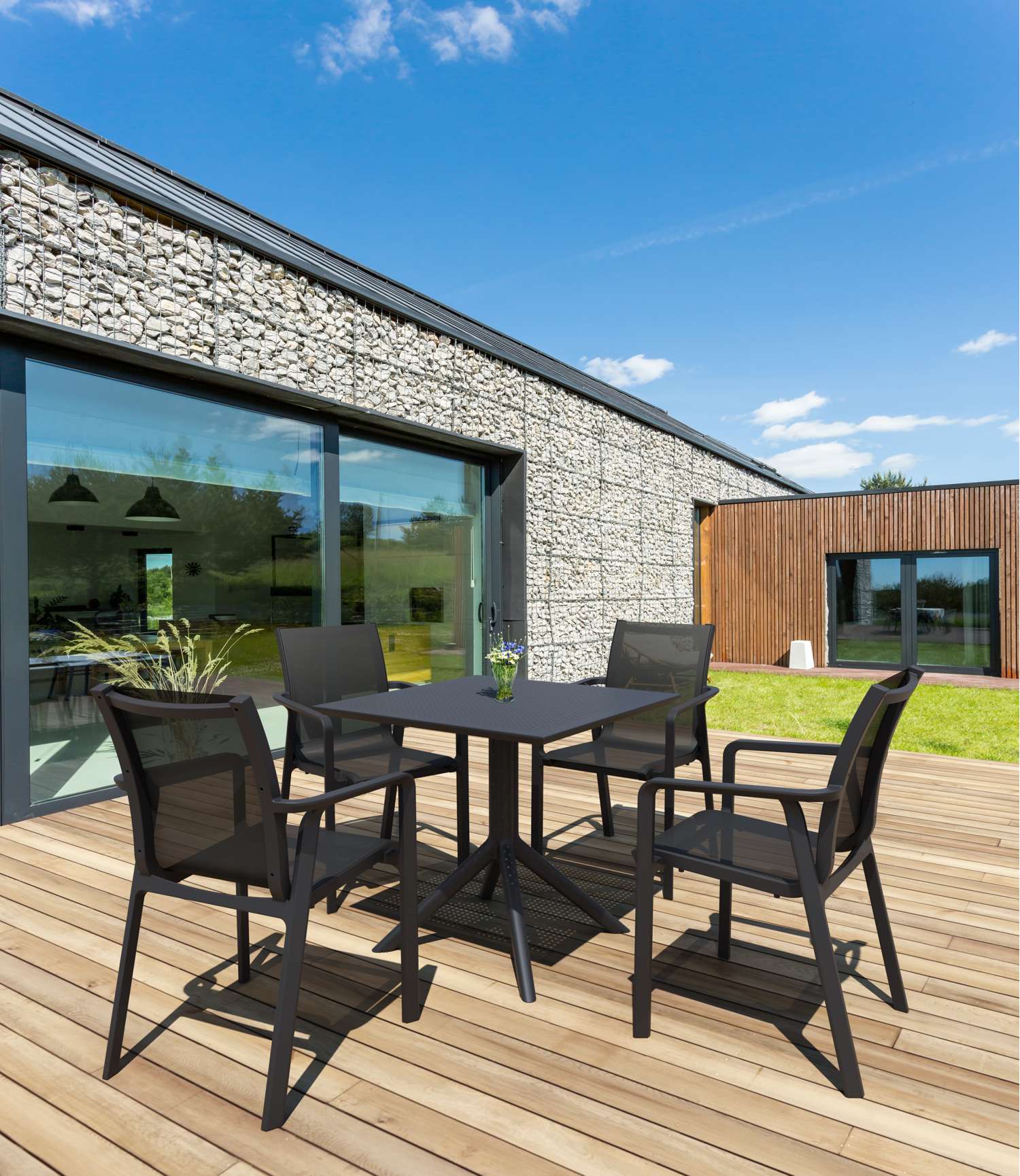 Siesta Sky 5 Piece Outdoor Table Setting with Pacific Arm Chairs Black | Office Furniture Designs