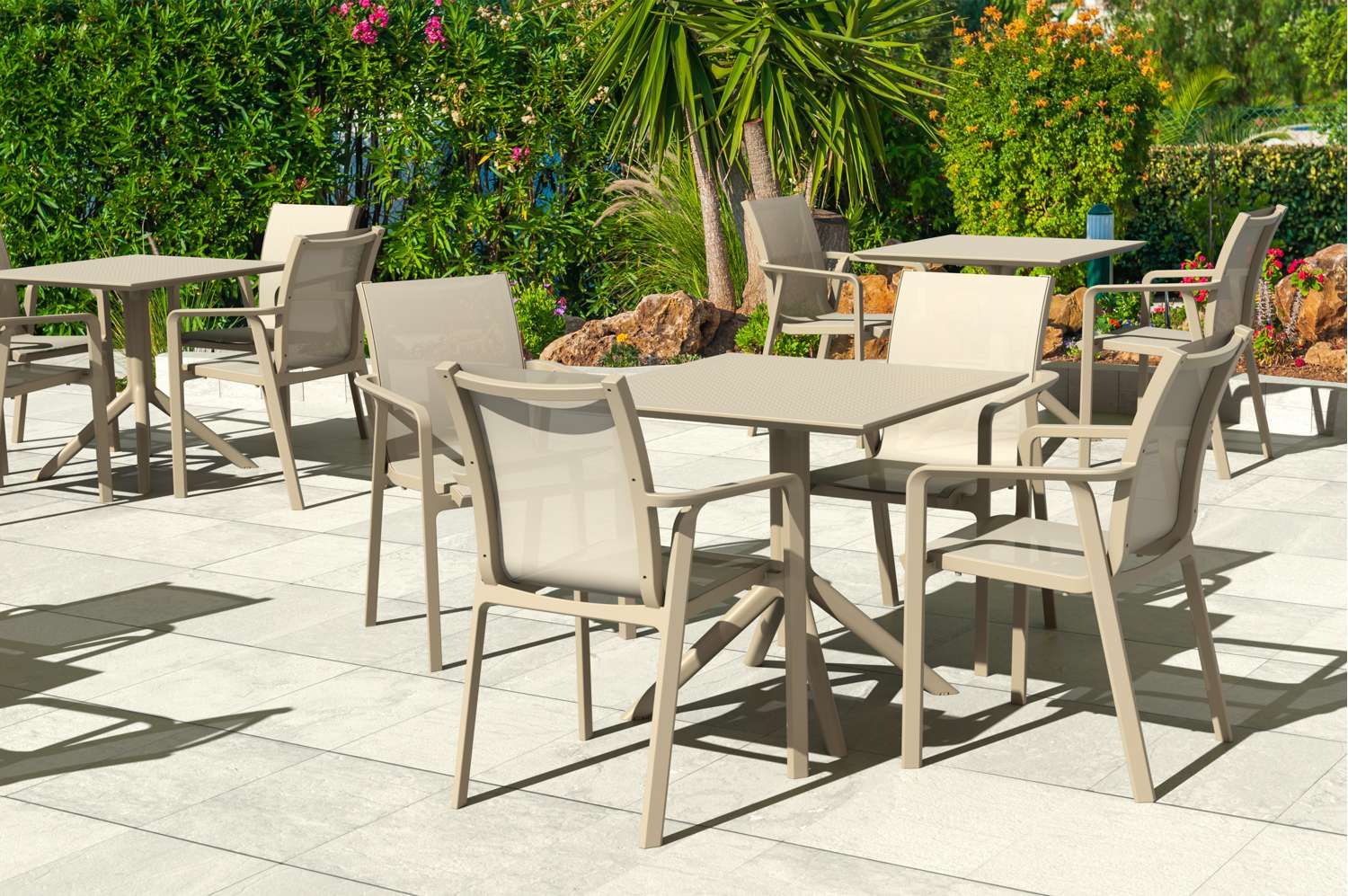 Siesta Sky 5 Piece Outdoor Table Setting with Pacific Arm Chairs Taupe | Office Furniture Designs