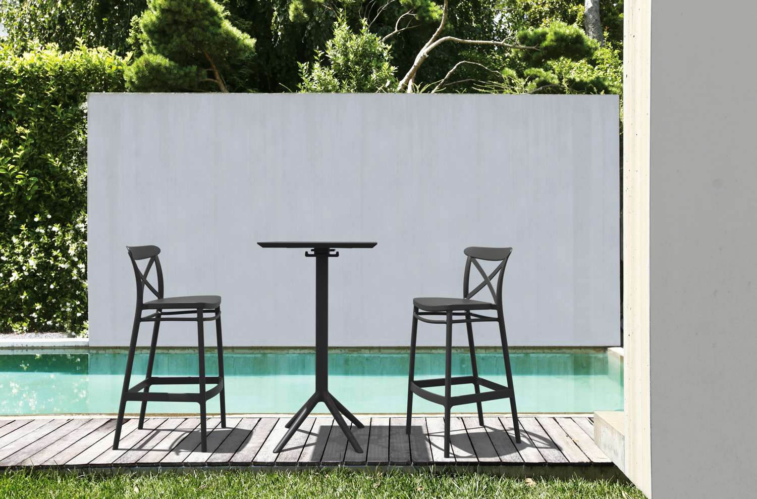 Siesta Sky Bar Table 3 Piece Set with Cross 75 Bar Stools Black | Office Furniture Designs