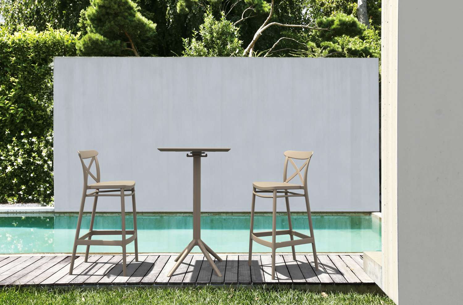 Siesta Sky Bar Table 3 Piece Set with Cross 75 Bar Stools Taupe | Office Furniture Designs