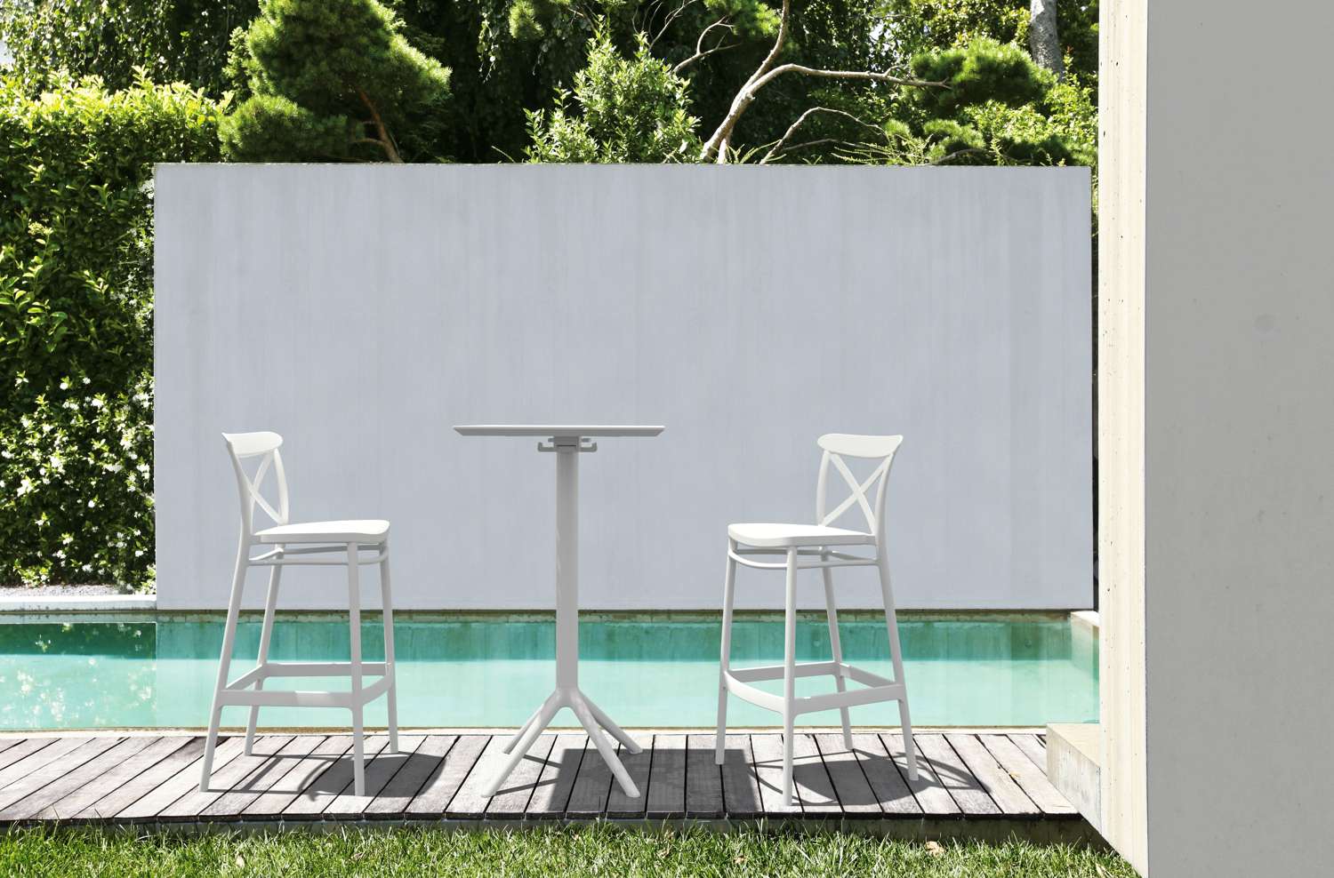 Siesta Sky Bar Table 3 Piece Set with Cross 75 Bar Stools White | Office Furniture Designs