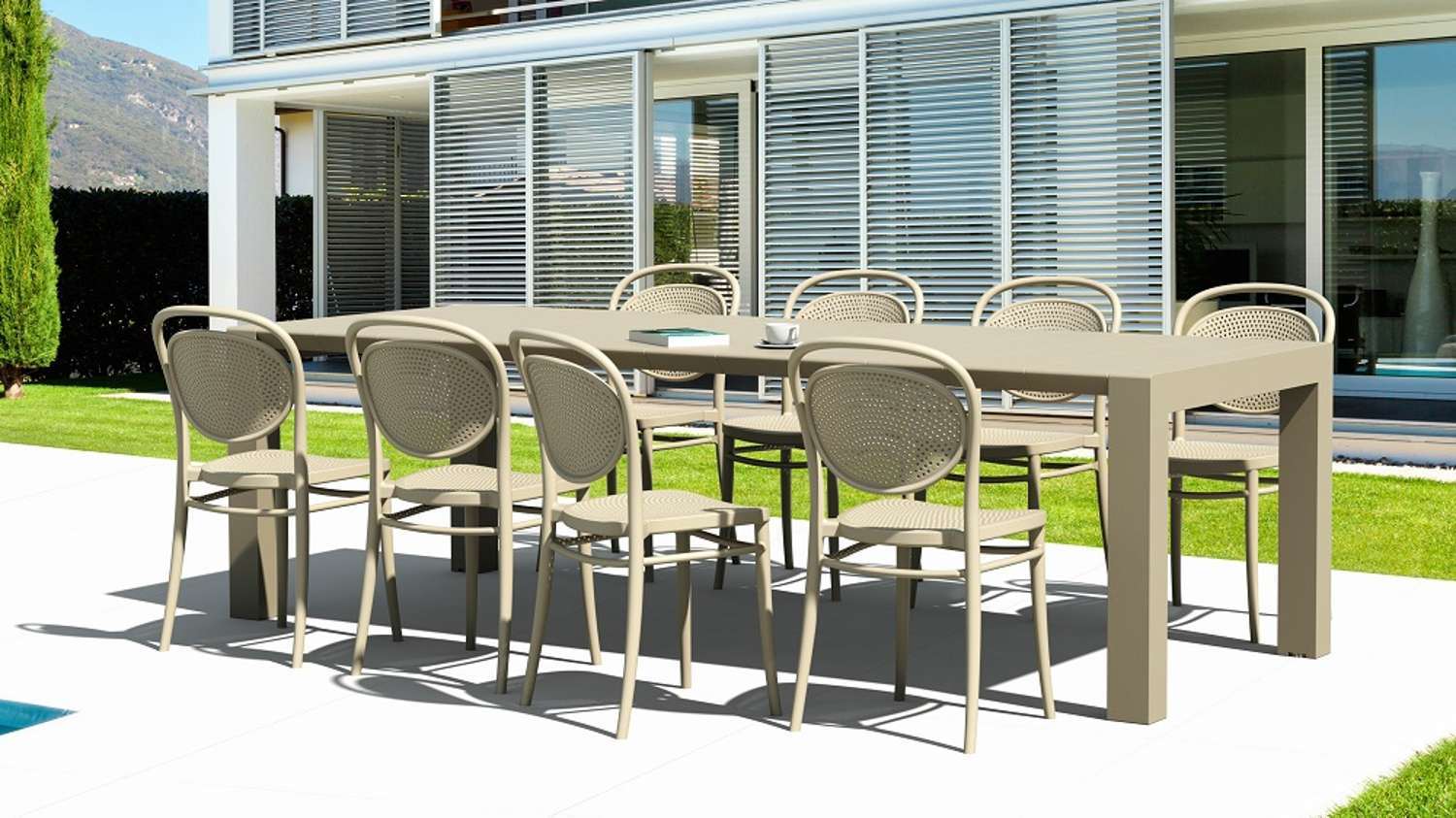 Siesta Vegas 8 Seater Dining Set with Marcel Chairs Taupe | Office Furniture Designs