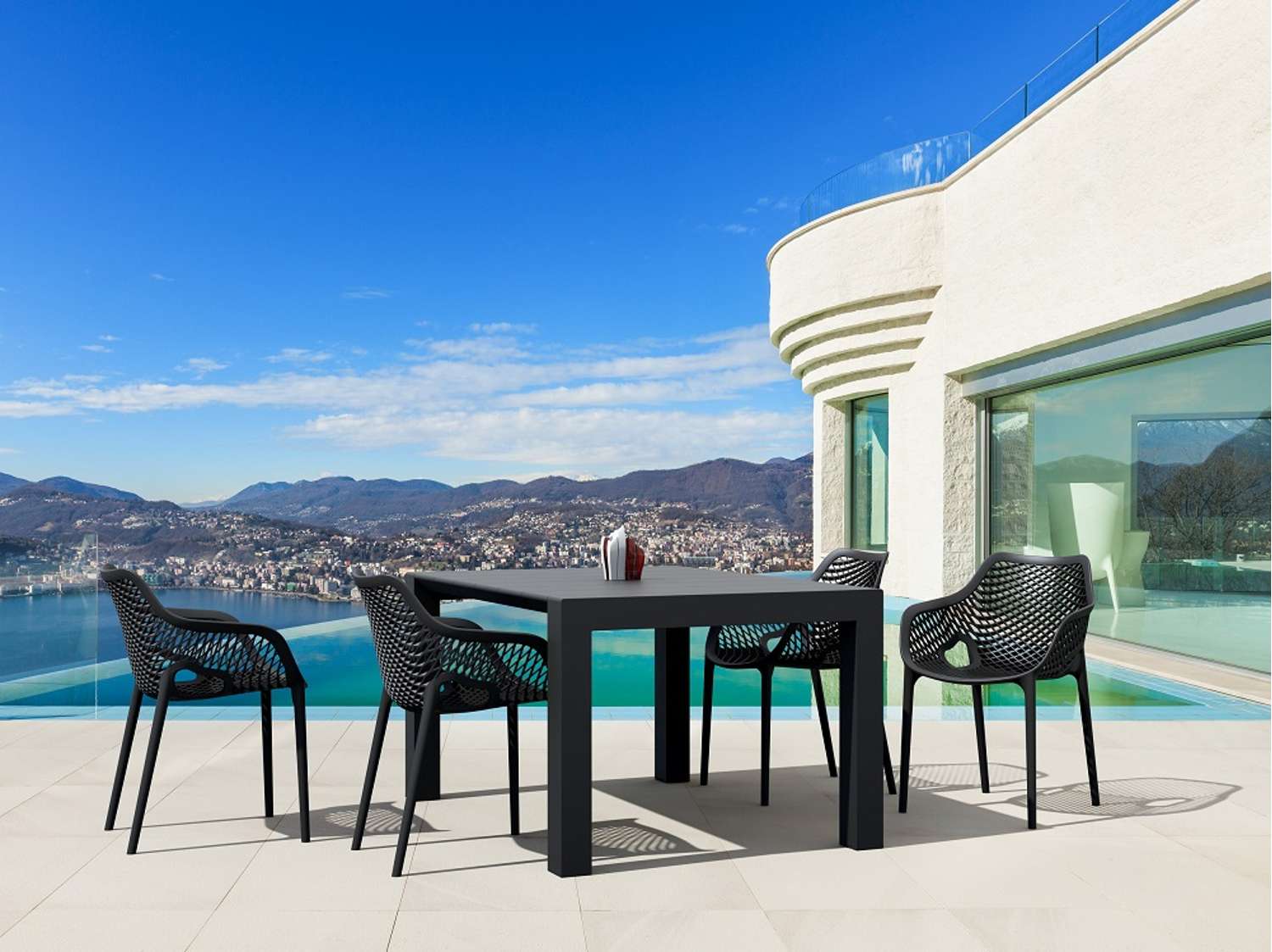 Siesta Vegas Table 4 Seater Outdoor Dining Setting with Air XL Arm Chairs Black | Office Furniture Designs