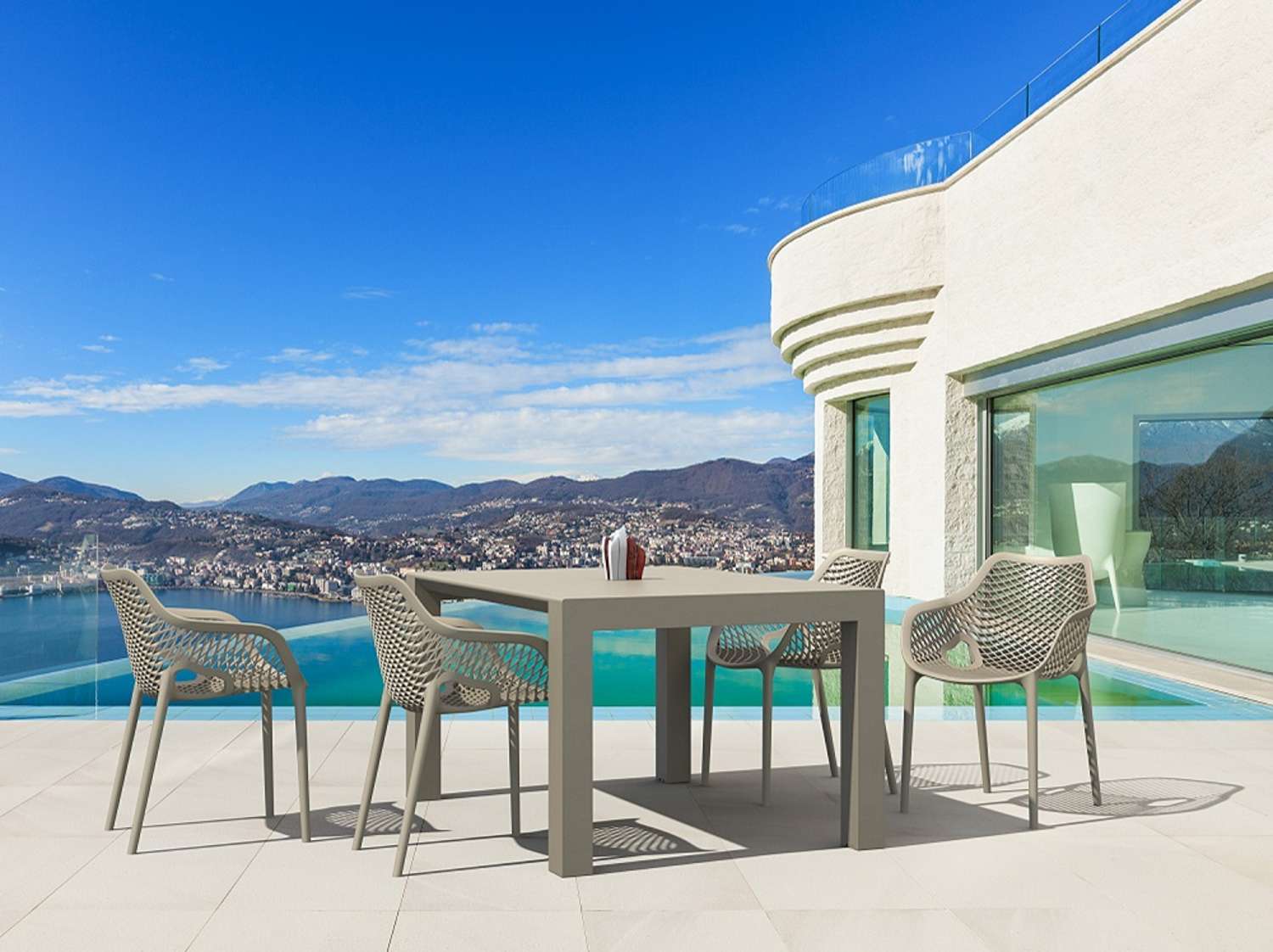 Siesta Vegas Table 4 Seater Outdoor Dining Setting with Air XL Arm Chairs Taupe | Office Furniture Designs